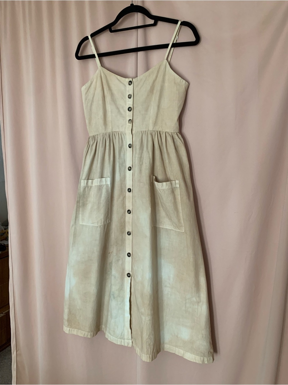 Beige Button-Front Spaghetti Strap Ecru Dress